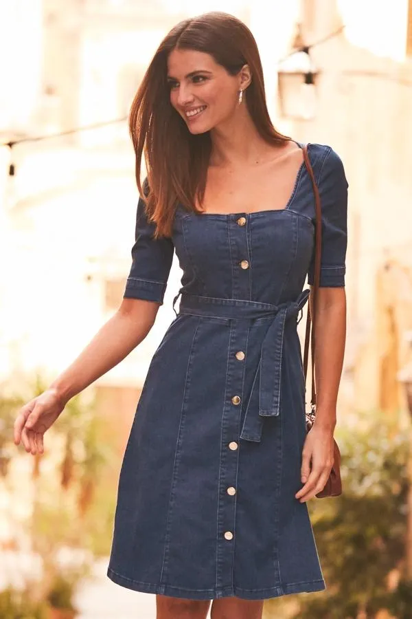 Sosandar Dresses Women Indigo Square Neck Button Front Belted Denim Dress Indigo