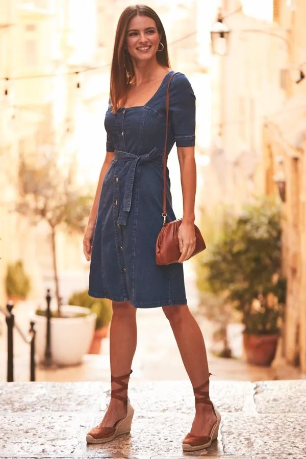 Sosandar Dresses Women Indigo Square Neck Button Front Belted Denim Dress Indigo