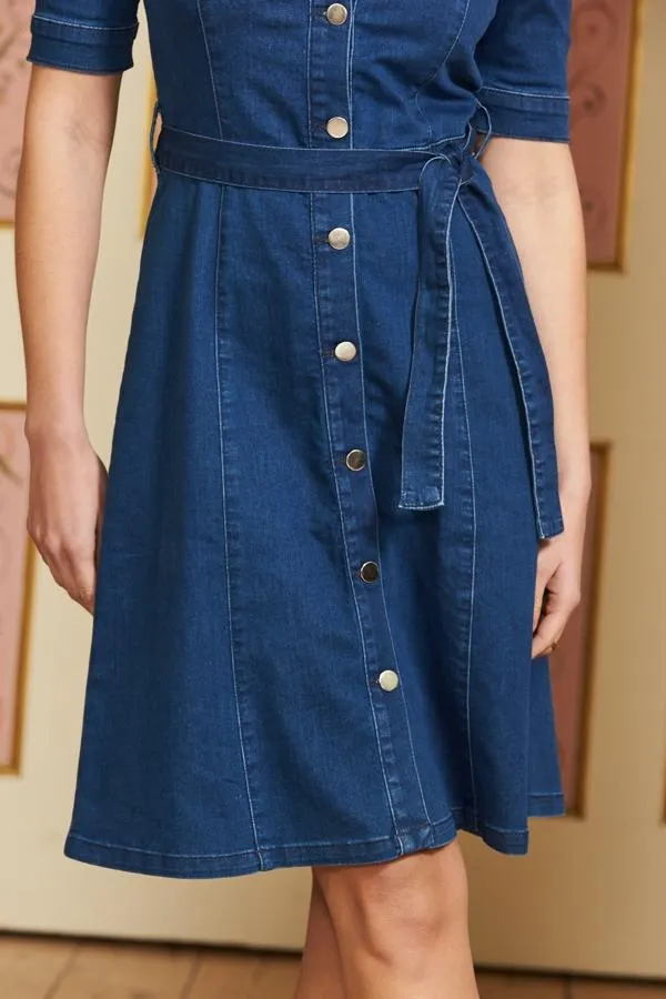 Sosandar Dresses Women Indigo Square Neck Button Front Belted Denim Dress Indigo