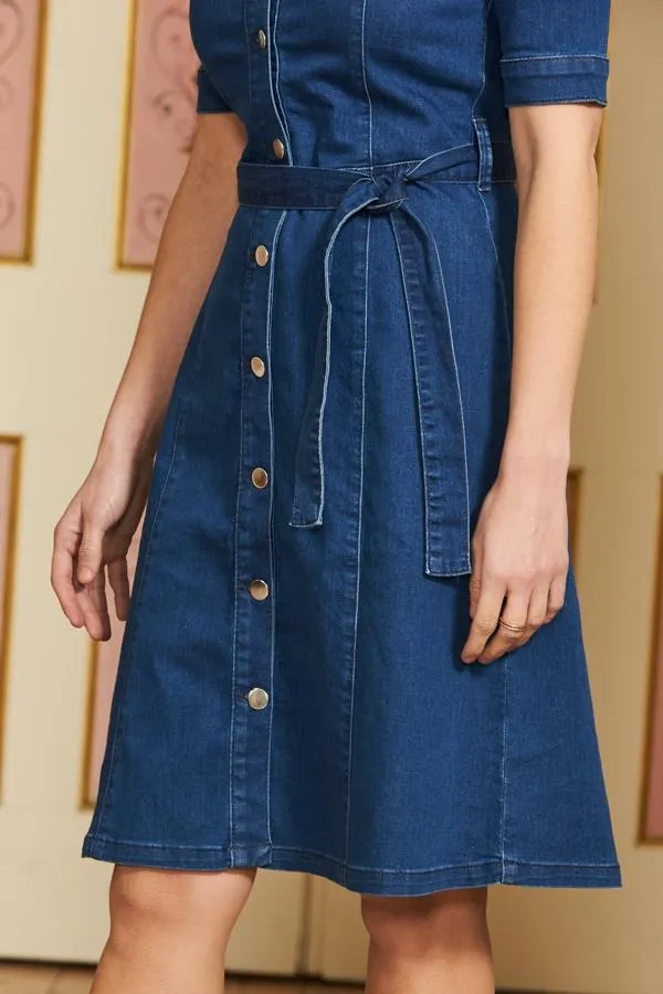 Sosandar Dresses Women Indigo Square Neck Button Front Belted Denim Dress Indigo