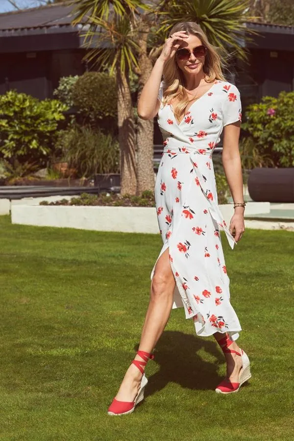 Sosandar Dresses Women Ivory and Red Floral Print Split Front Wrap Maxi Dress Ivory Red