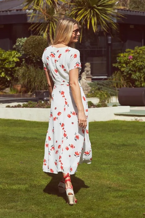 Sosandar Dresses Women Ivory and Red Floral Print Split Front Wrap Maxi Dress Ivory Red