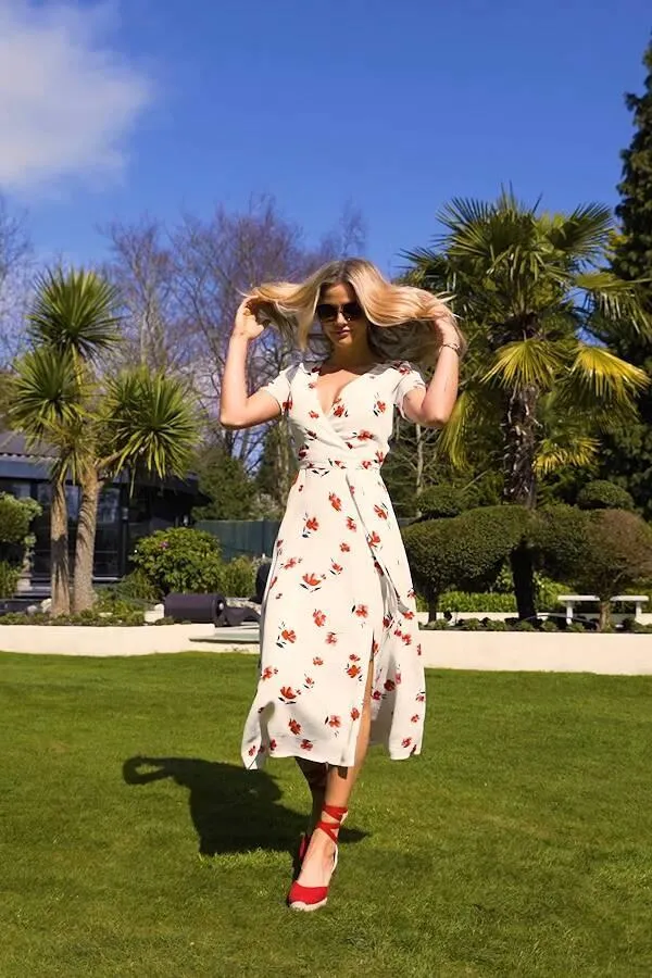 Sosandar Dresses Women Ivory and Red Floral Print Split Front Wrap Maxi Dress Ivory Red