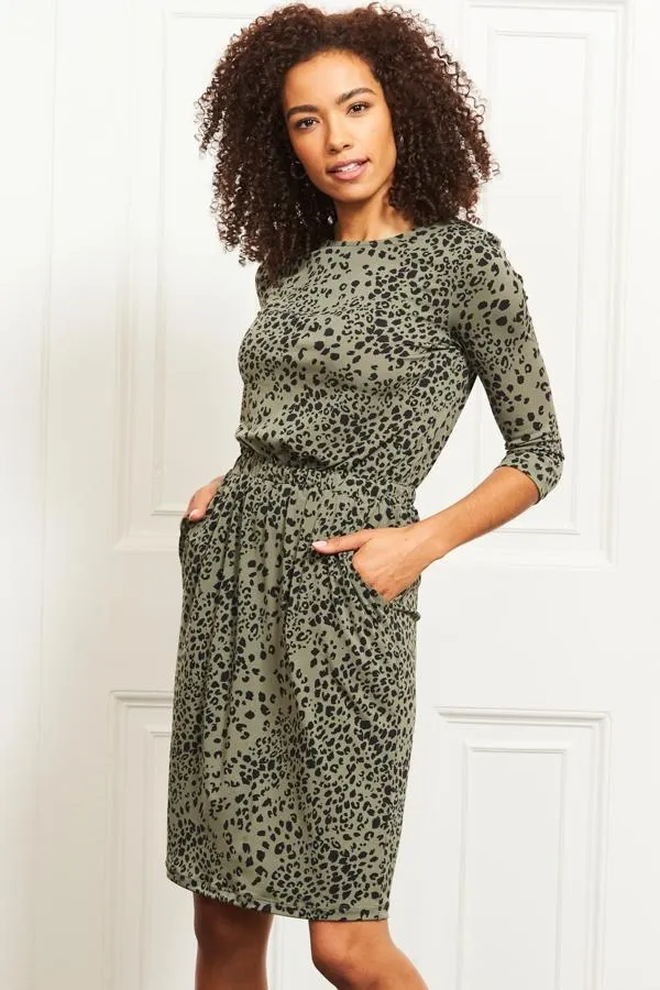 Sosandar Dresses Women Khaki Animal Print Stretch Waist Dress With Pockets Khaki Sosandar Dresses Women Khaki Animal Print Stretch Waist Dress With Pockets Khaki