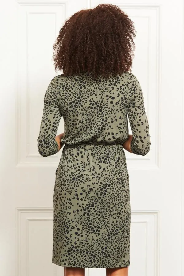 Sosandar Dresses Women Khaki Animal Print Stretch Waist Dress With Pockets Khaki