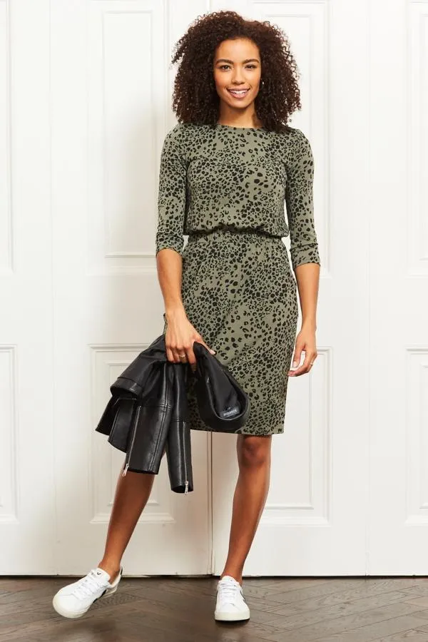 Sosandar Dresses Women Khaki Animal Print Stretch Waist Dress With Pockets Khaki