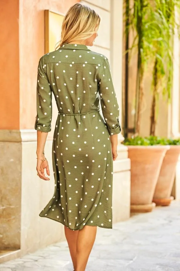 Sosandar Dresses Women Khaki Green and White Spot Print Belted Shirt Dress Khaki Green White