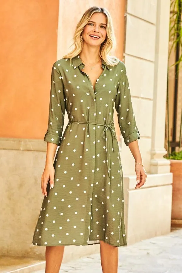 Sosandar Dresses Women Khaki Green and White Spot Print Belted Shirt Dress Khaki Green White