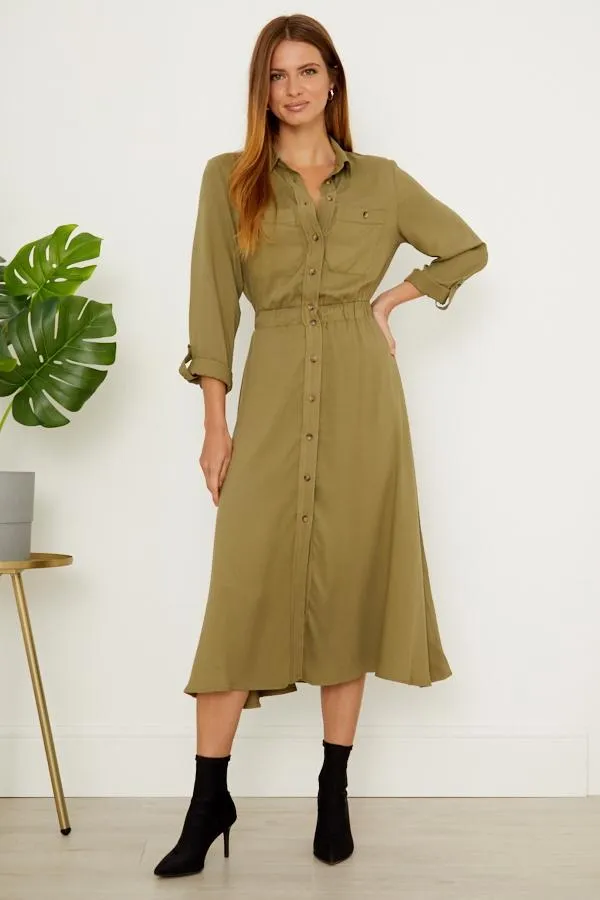Sosandar Dresses Women Khaki Stretch Waist Midi Shirt Dress Khaki