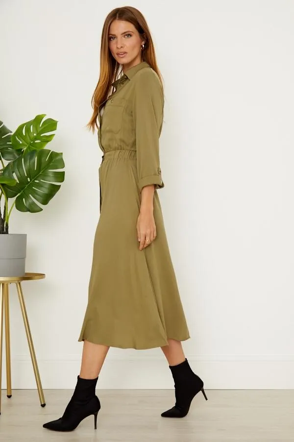 Sosandar Dresses Women Khaki Stretch Waist Midi Shirt Dress Khaki