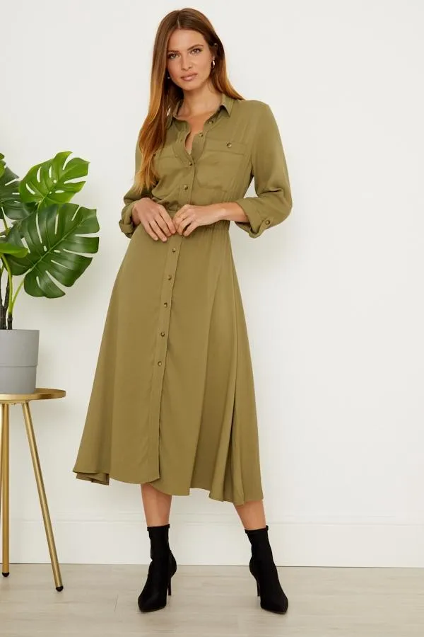 Sosandar Dresses Women Khaki Stretch Waist Midi Shirt Dress Khaki