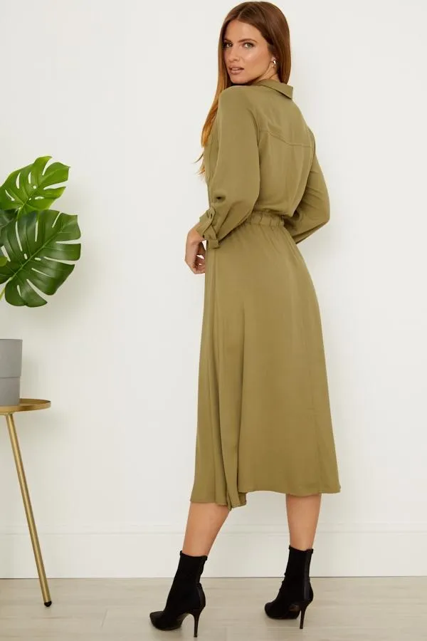 Sosandar Dresses Women Khaki Stretch Waist Midi Shirt Dress Khaki