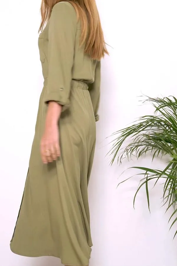 Sosandar Dresses Women Khaki Stretch Waist Midi Shirt Dress Khaki
