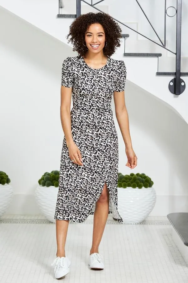 Sosandar Dresses Women Leopard Print Ruched Sleeve Jersey Midi Dress