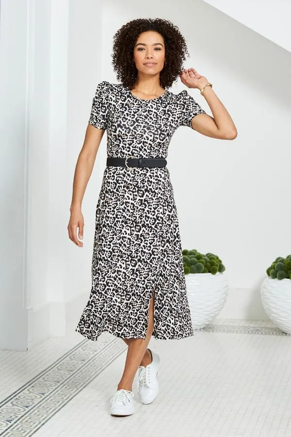 Sosandar Dresses Women Leopard Print Ruched Sleeve Jersey Midi Dress