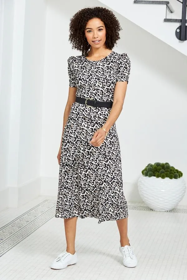 Sosandar Dresses Women Leopard Print Ruched Sleeve Jersey Midi Dress