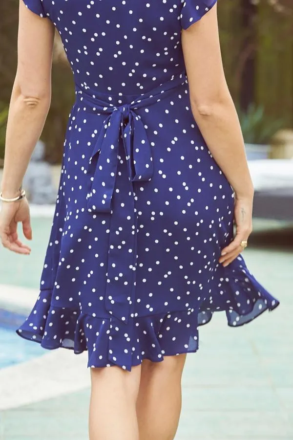 Sosandar Dresses Women Navy and White Spot Print Ruffle Hem Wrap Dress Navy White