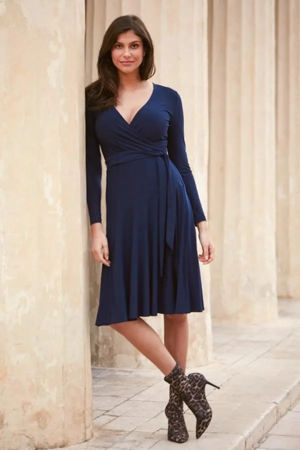 Sosandar Dresses Women Navy Blue Faux Wrap Front Belted Midi Dress Navy Blue