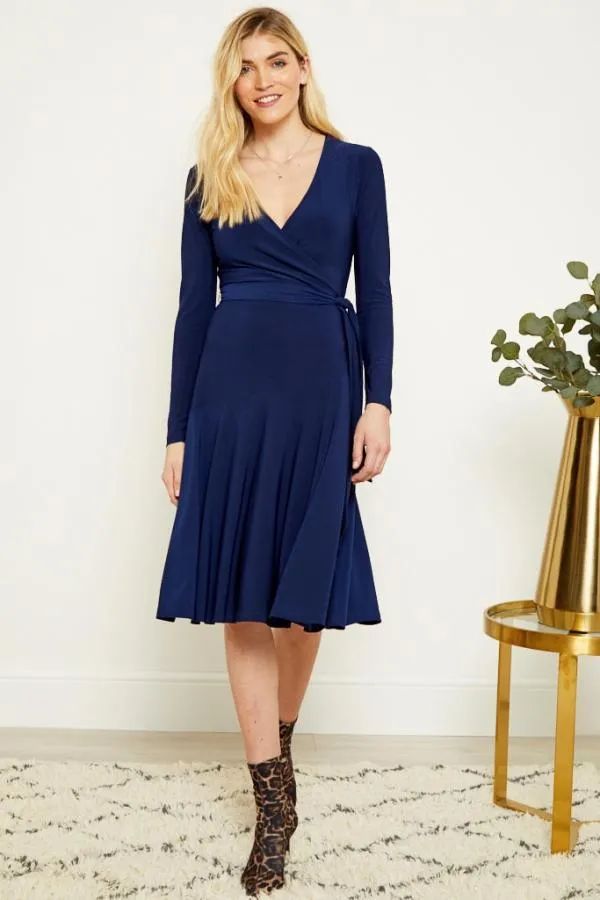 Sosandar Dresses Women Navy Blue Faux Wrap Front Belted Midi Dress Navy Blue