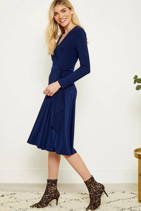Sosandar Dresses Women Navy Blue Faux Wrap Front Belted Midi Dress Navy Blue