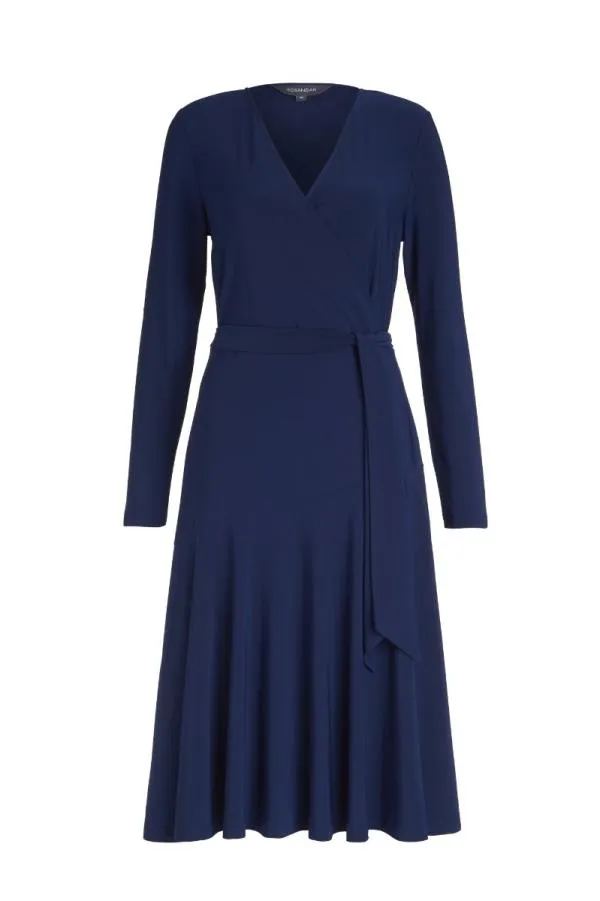 Sosandar Dresses Women Navy Blue Faux Wrap Front Belted Midi Dress Navy Blue