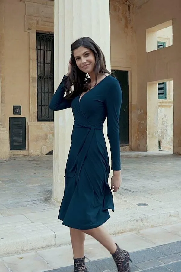 Sosandar Dresses Women Navy Blue Faux Wrap Front Belted Midi Dress Navy Blue
