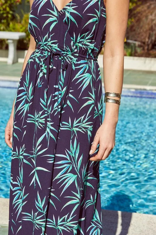 Sosandar Dresses Women Navy Blue Palm Print Tie Waist Maxi Dress Navy Blue