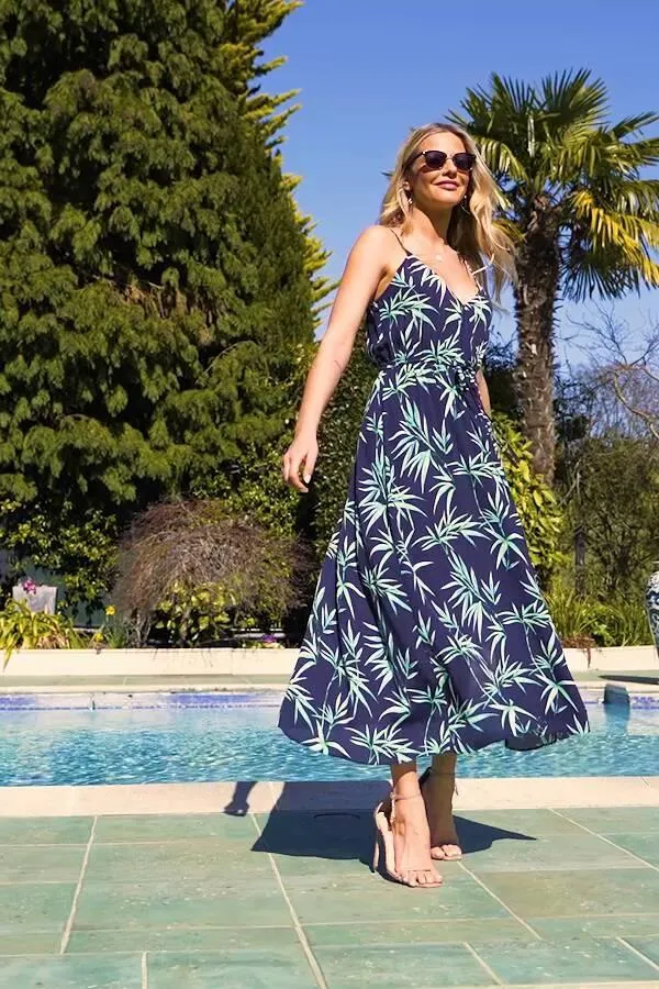 Sosandar Dresses Women Navy Blue Palm Print Tie Waist Maxi Dress Navy Blue