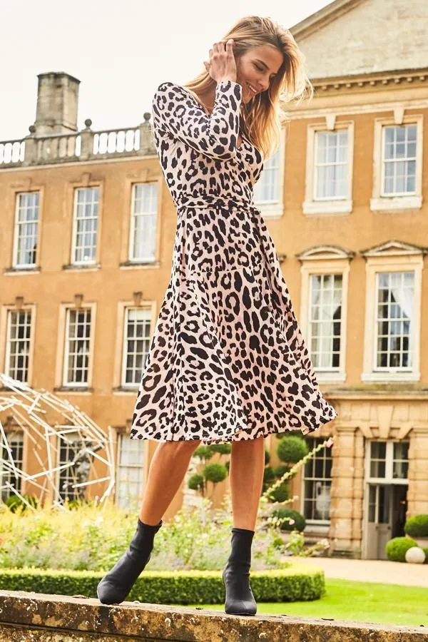 Sosandar Dresses Women Pink and Black Animal Print Faux Wrap Midi Dress Pink Black