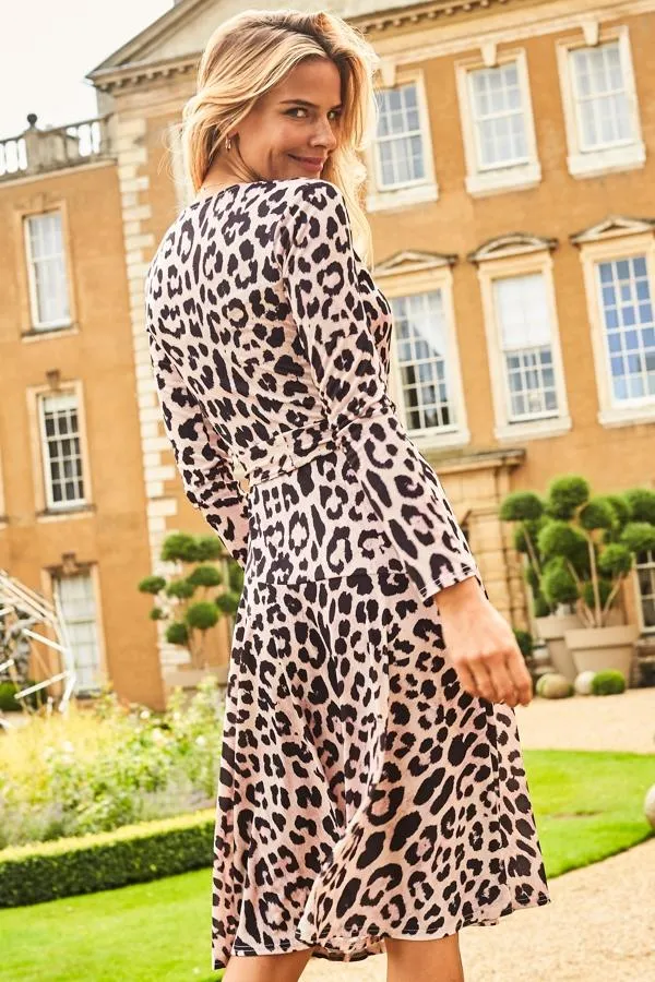Sosandar Dresses Women Pink and Black Animal Print Faux Wrap Midi Dress Pink Black