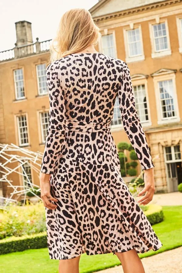 Sosandar Dresses Women Pink and Black Animal Print Faux Wrap Midi Dress Pink Black