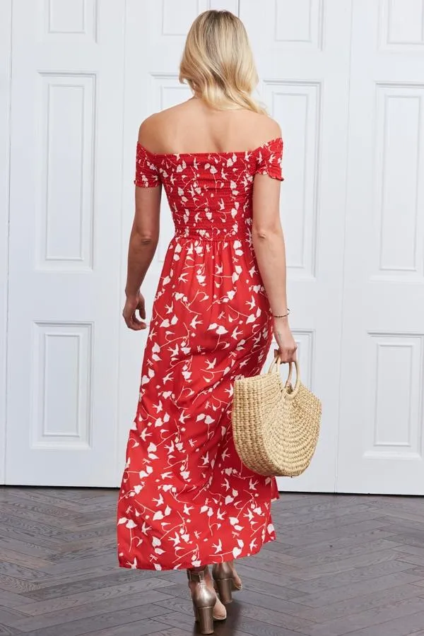 Sosandar Dresses Women Red and White Bird Print Maxi Dress Red White