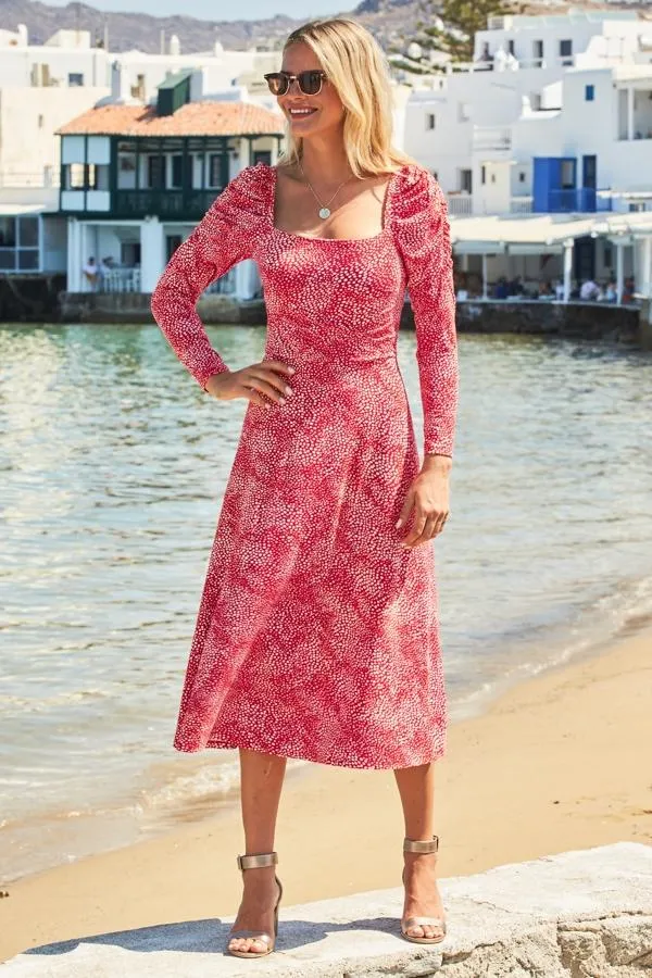 Sosandar Dresses Women Red and White Confetti Print Square Neck Dress Red White Sosandar Dresses Women Red and White Confetti Print Square Neck Dress Red White