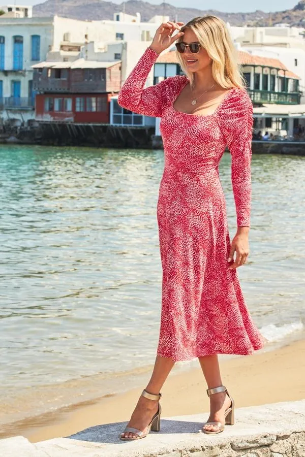 Sosandar Dresses Women Red and White Confetti Print Square Neck Dress Red White