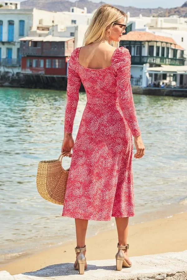 Sosandar Dresses Women Red and White Confetti Print Square Neck Dress Red White