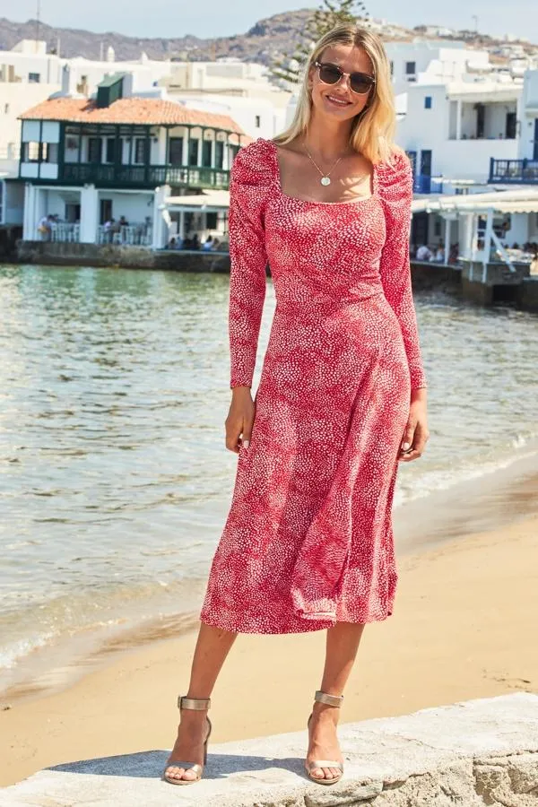 Sosandar Dresses Women Red and White Confetti Print Square Neck Dress Red White