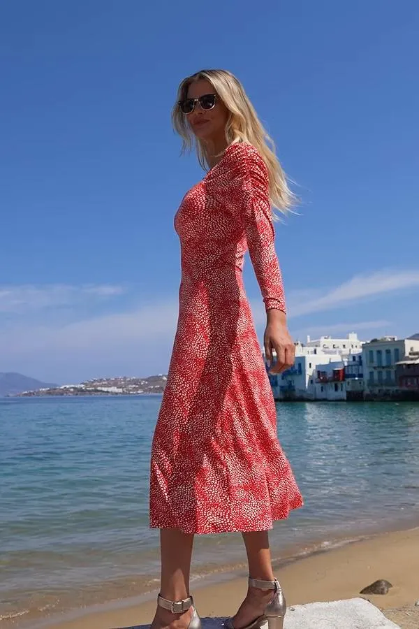 Sosandar Dresses Women Red and White Confetti Print Square Neck Dress Red White