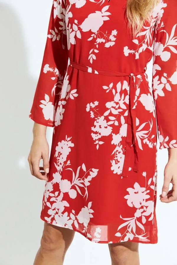 Sosandar Dresses Women Red and White Floral Print Belted Shift Dress Red White