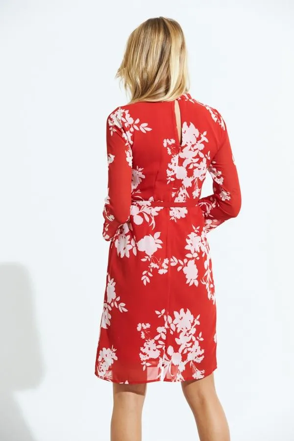 Sosandar Dresses Women Red and White Floral Print Belted Shift Dress Red White