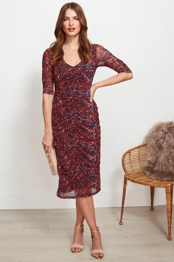 Sosandar Dresses Women Red Animal Print Ruched Front Mesh Dress Red