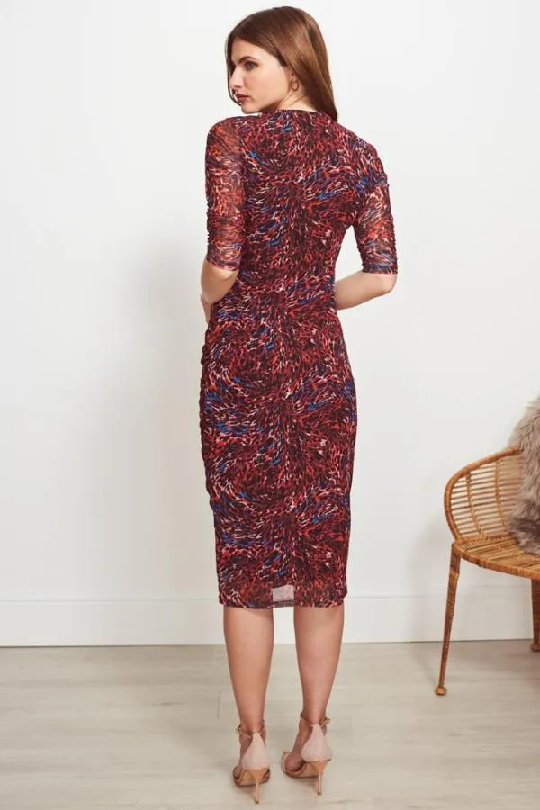 Sosandar Dresses Women Red Animal Print Ruched Front Mesh Dress Red