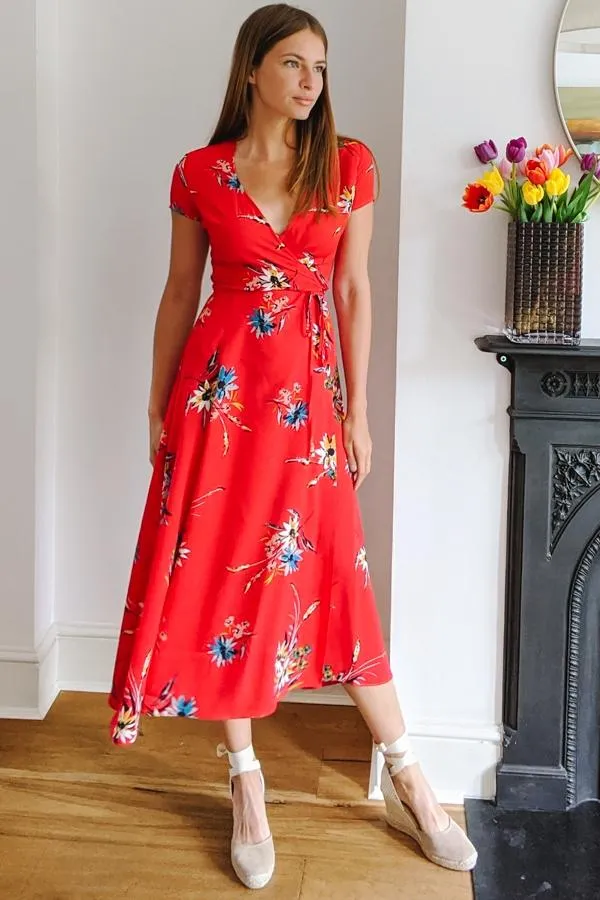 Sosandar Dresses Women Red Floral Print Wrap Maxi Dress Red