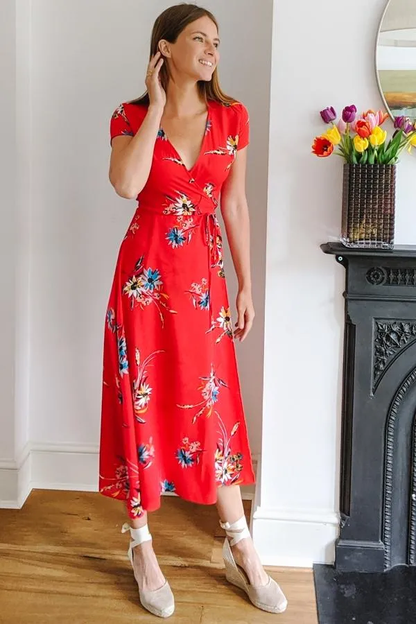 Sosandar Dresses Women Red Floral Print Wrap Maxi Dress Red