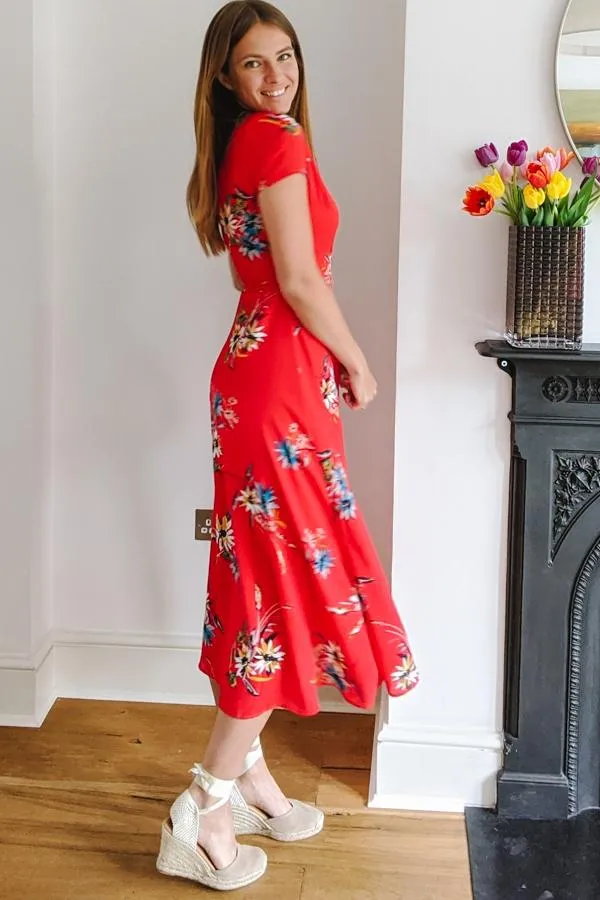 Sosandar Dresses Women Red Floral Print Wrap Maxi Dress Red