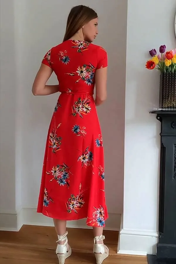 Sosandar Dresses Women Red Floral Print Wrap Maxi Dress Red