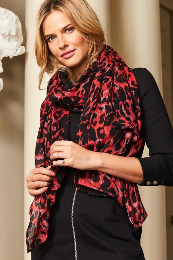 Sosandar Hats Scarves and Gloves Women Red and Black Animal Print Scarf Red Black