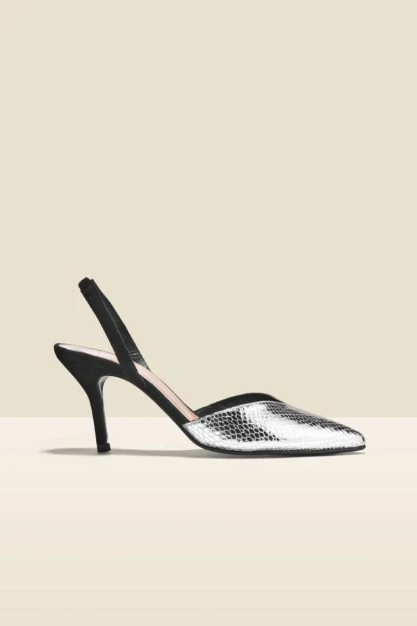 Sosandar Heels Women Grace Silver Snake V Front Slingback Heel Silver
