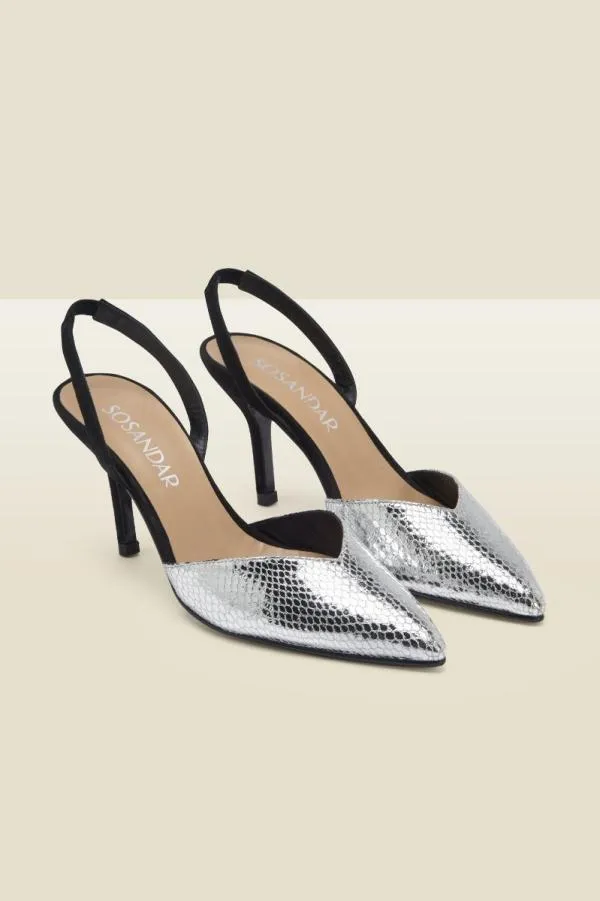 Sosandar Heels Women Grace Silver Snake V Front Slingback Heel Silver