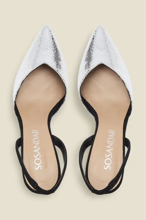 Sosandar Heels Women Grace Silver Snake V Front Slingback Heel Silver