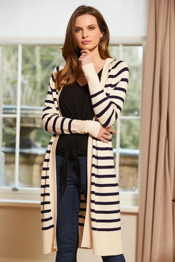 Sosandar Jackets and Coats Women Cream and Navy Striped Longline Knitted Cardigan Cream Navy Sosandar Jackets and Coats Women Cream and Navy Striped Longline Knitted Cardigan Cream Navy